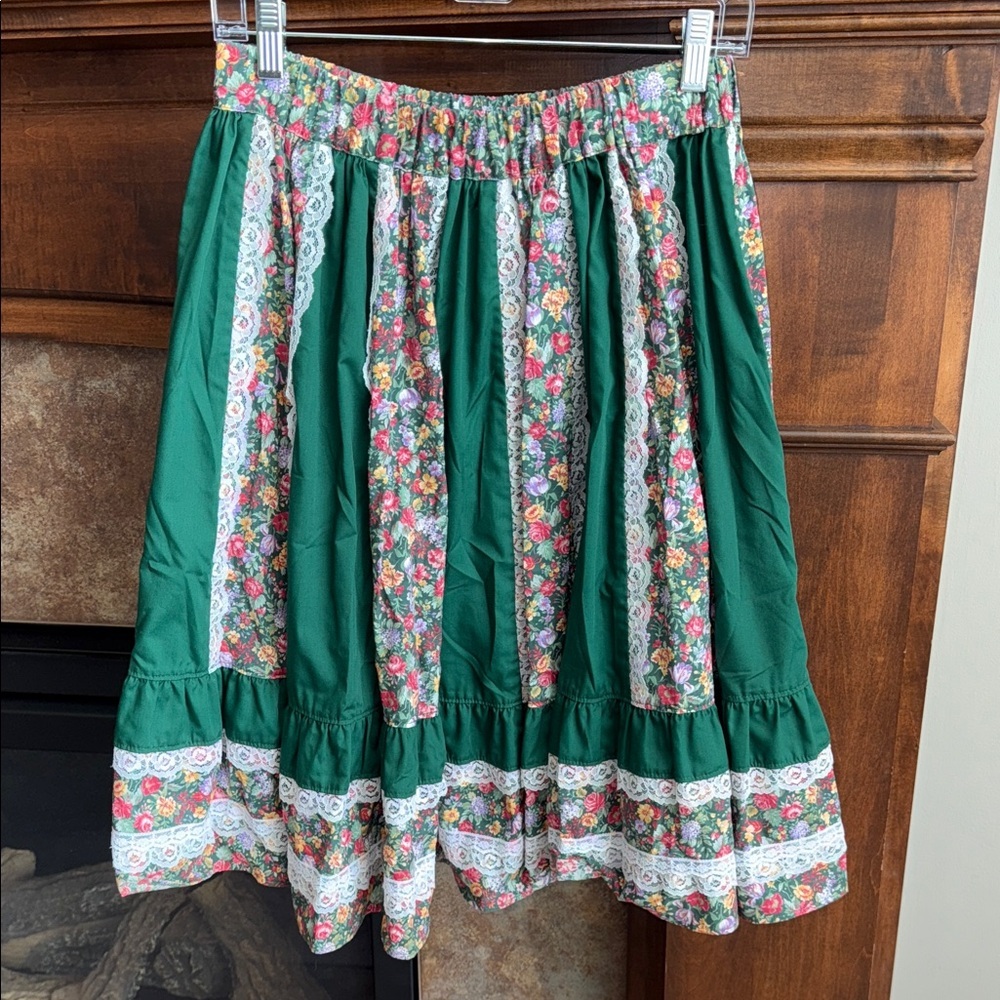 Vintage green floral hippie boho western square dance skirt est small-med